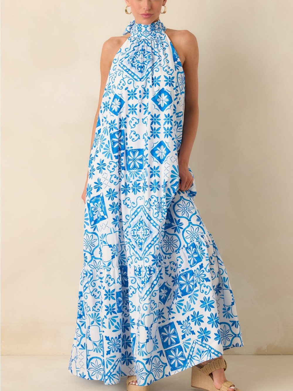 Prosperina - Rebecca Blue & White Halter Maxi Dress